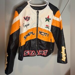 Simplicity V3 Engine Start SU Leather Crop Racing Moto Jacket - XL